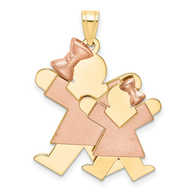 Big Girl and Little Girl Engravable Charm Pendant in Real 14k Multi-Tone Gold