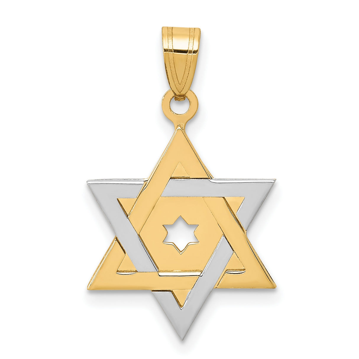 Star Of David With Cut-Out Design In Center Charm Pendant in Real 14k Multi-Tone Gold