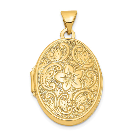 14k Yellow Gold Oval Locket Pendant with Floral Engraving and Scrollwork Vintage Style