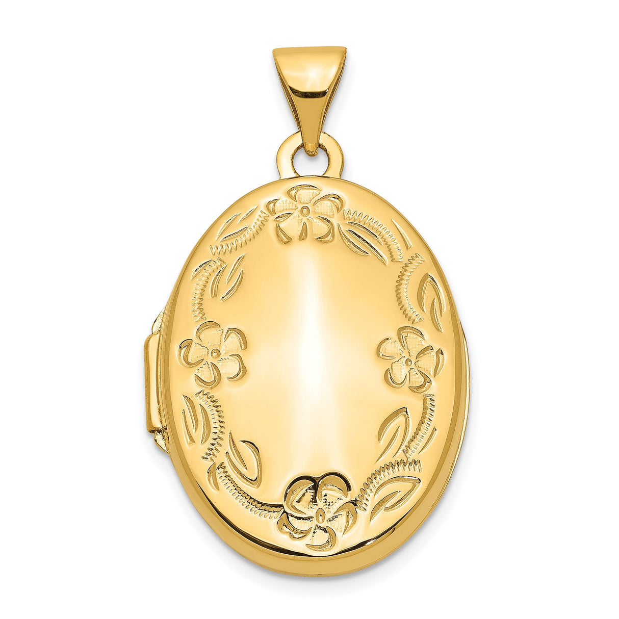 14k Yellow Gold Oval Locket Pendant with Floral Engraving for Women