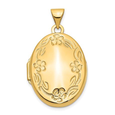 14k Yellow Gold Oval Locket Pendant with Floral Engraving for Women