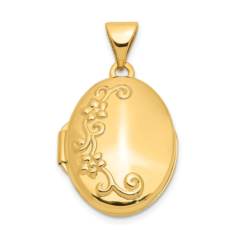 14k Yellow Gold Oval Locket Pendant with Floral Scroll Design for Women