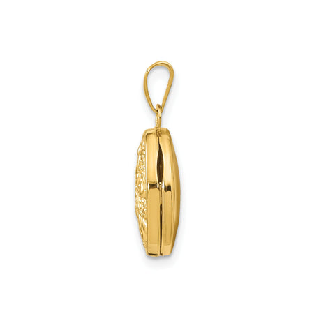 14k Yellow Gold Oval Locket Pendant with Floral Scroll Design, Vintage Style Keepsake Jewelry