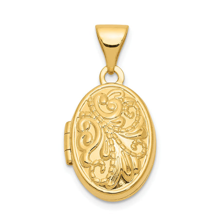14k Yellow Gold Oval Locket Pendant with Floral Scroll Design, Vintage Style Keepsake Jewelry