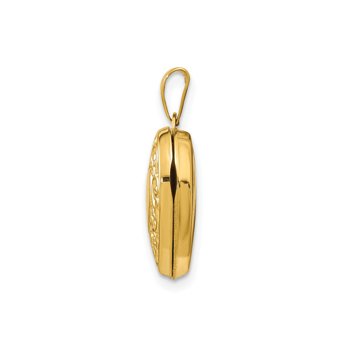 14k Yellow Gold Heart Locket Pendant with Ornate Scroll Detailing and Polished Center