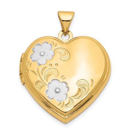 Floral Heart Locket Charm Pendant in Real 14k Multi-Tone Gold