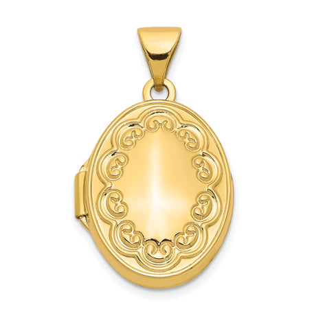 14k Yellow Gold Oval Locket Pendant with Scrollwork Detailing for Women