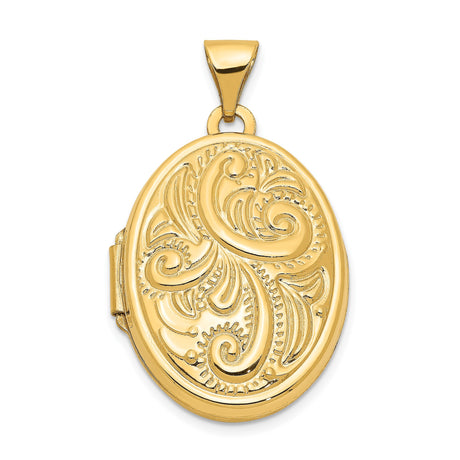 14k Yellow Gold Oval Locket Pendant with Scroll Engraving and Floral Detailing
