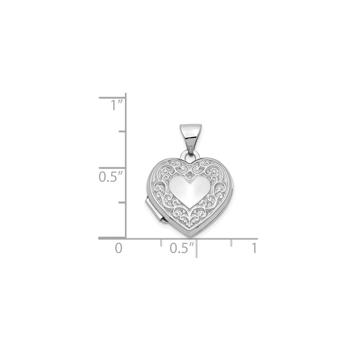 14k White Gold Heart Locket Pendant with Filigree Design and Polished Center Heart, Vintage Style