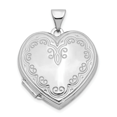 14k White Gold Heart Locket Pendant with Scrollwork and Vintage Engraving for Women