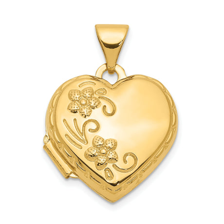 14k Yellow Gold Heart Locket Pendant with Floral Detailing, Holds Small Photo or Keepsake