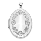 14k White Gold Oval Locket Pendant with Floral Engraving and Scroll Design for Women