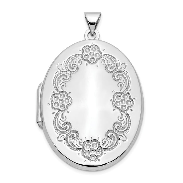 14k White Gold Oval Locket Pendant with Floral Engraving and Scroll Design for Women