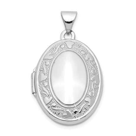 14k White Gold Oval Locket Pendant with Intricate Heart Scroll Design