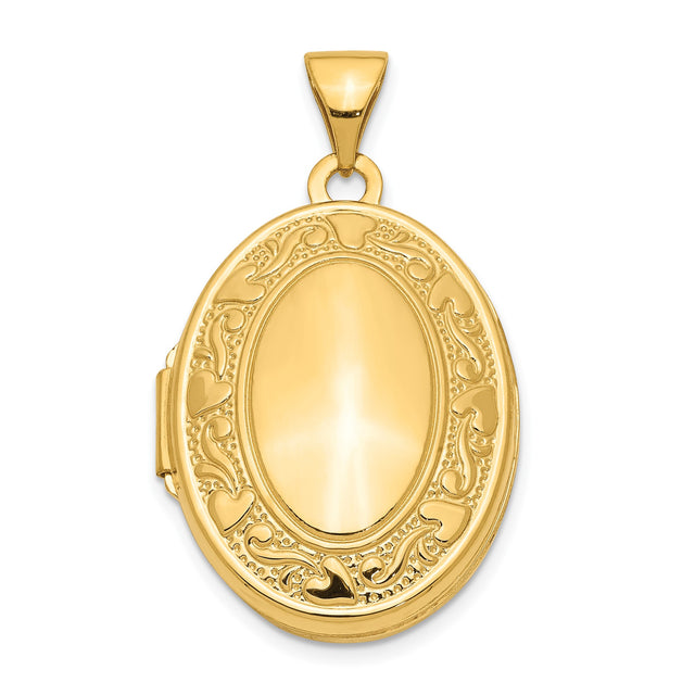 14k Yellow Gold Oval Locket Pendant with Heart and Scroll Design for Women
