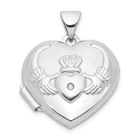 14k White Gold Claddagh Heart Locket Pendant with Diamond, Irish Heritage Jewelry for Women