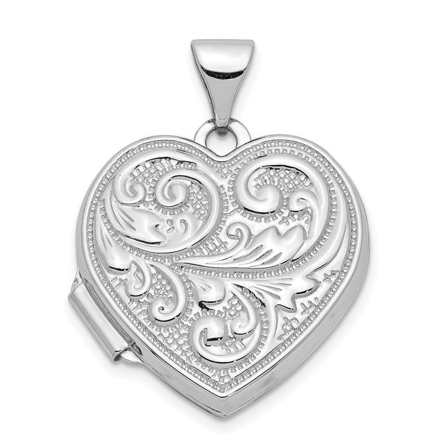 14k White Gold Heart Locket Pendant with Floral Scroll Design, Classic Romantic Keepsake for Women