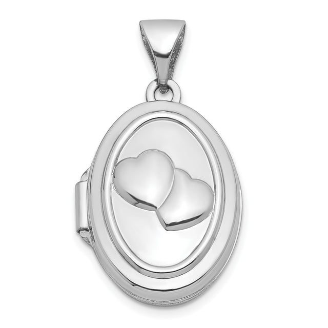 14k White Gold Oval Locket Pendant with Raised Hearts for Women