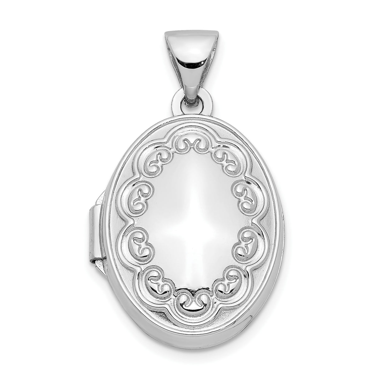 14k White Gold Oval Locket Pendant with Scrollwork Border Design