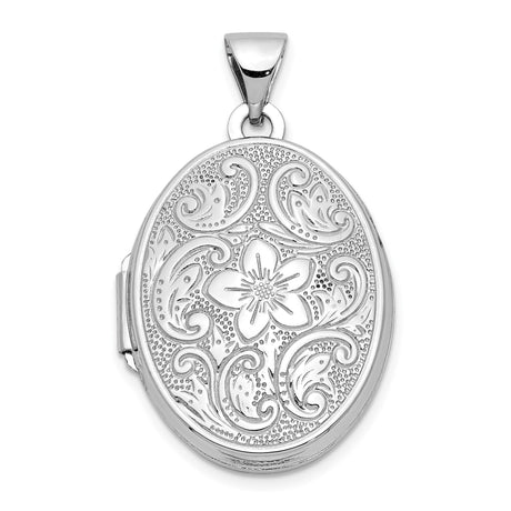 14k White Gold Oval Locket Pendant with Floral Scroll Pattern, Vintage Inspired Jewelry for Women