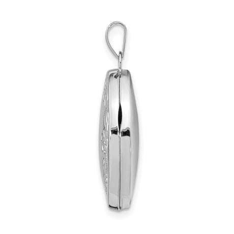 14k White Gold Oval Locket Pendant with Floral Vine Design, Vintage Inspired Keepsake Jewelry