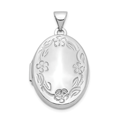 14k White Gold Oval Locket Pendant with Floral Vine Design, Vintage Inspired Keepsake Jewelry