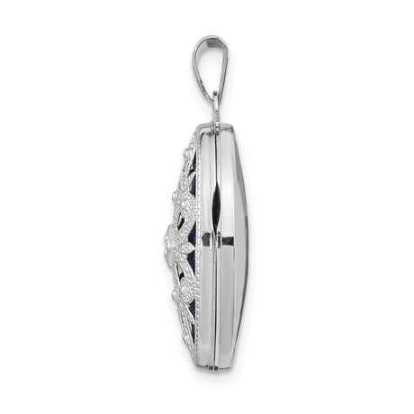 14k White Gold Oval Locket Pendant with Diamond, Floral Filigree over Blue Enamel, Vintage Style
