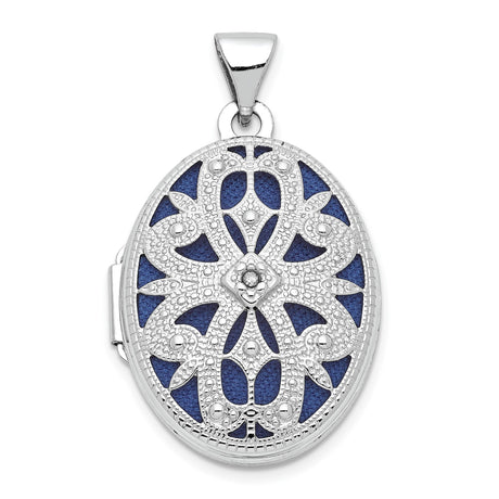 14k White Gold Oval Locket Pendant with Diamond, Floral Filigree over Blue Enamel, Vintage Style
