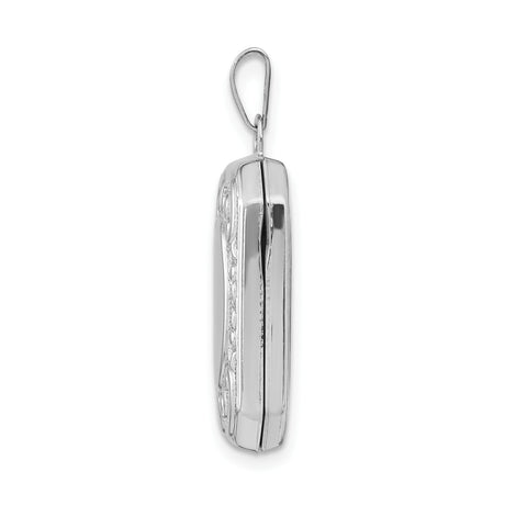 14k White Gold Rectangular Locket Pendant with Polished Oval Center and Vintage Scrollwork Design