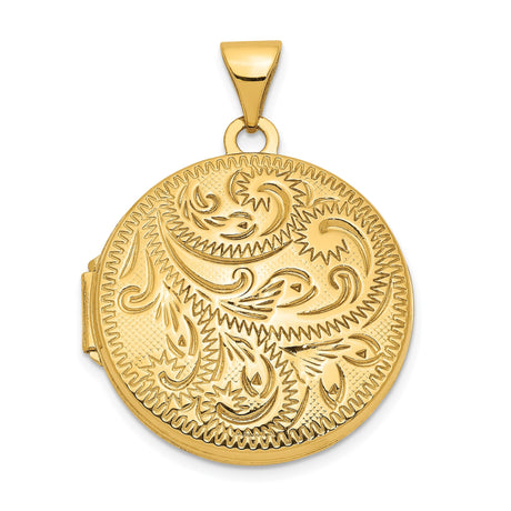 14k Yellow Gold Round Locket Pendant with Floral and Scroll Engraving, Vintage Inspired