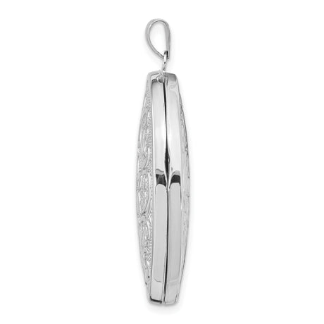 14k White Gold Oval Locket Pendant with Floral Engraving and Scroll Design