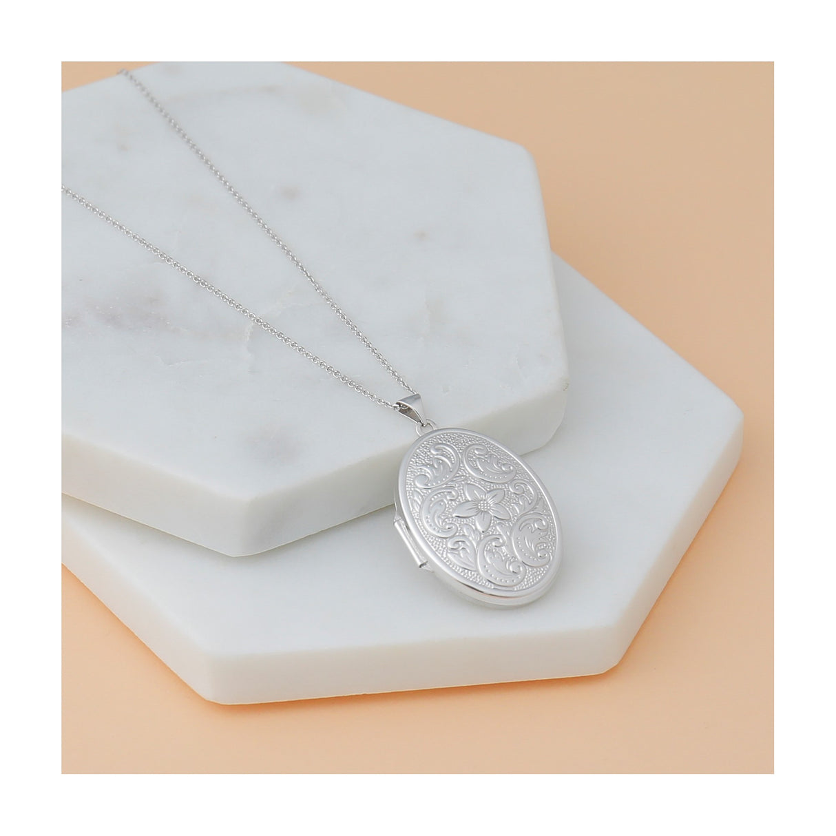 14k White Gold Oval Locket Pendant with Floral Engraving and Scroll Design