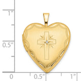 20mm Diamond Satin and Diamond-Cut Cross Heart Locket Charm Pendant in Real 14k Yellow Gold