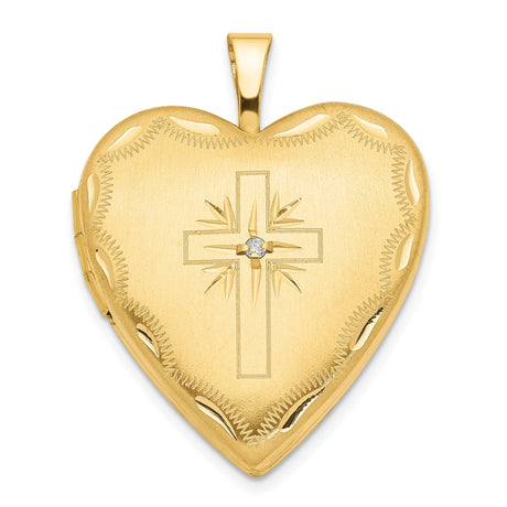 14k Yellow Gold Heart Locket Pendant with Diamond Accent and Cross Engraving