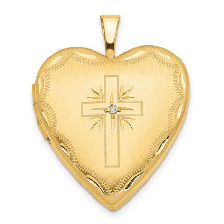 20mm Diamond Satin and Diamond-Cut Cross Heart Locket Charm Pendant in Real 14k Yellow Gold