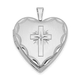 20mm Diamond Satin and Diamond-Cut Cross Heart Locket Charm Pendant in Real 14k White Gold