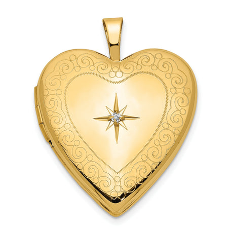 14k Yellow Gold Heart Locket Pendant with Diamond and Swirl Starburst Design for Women