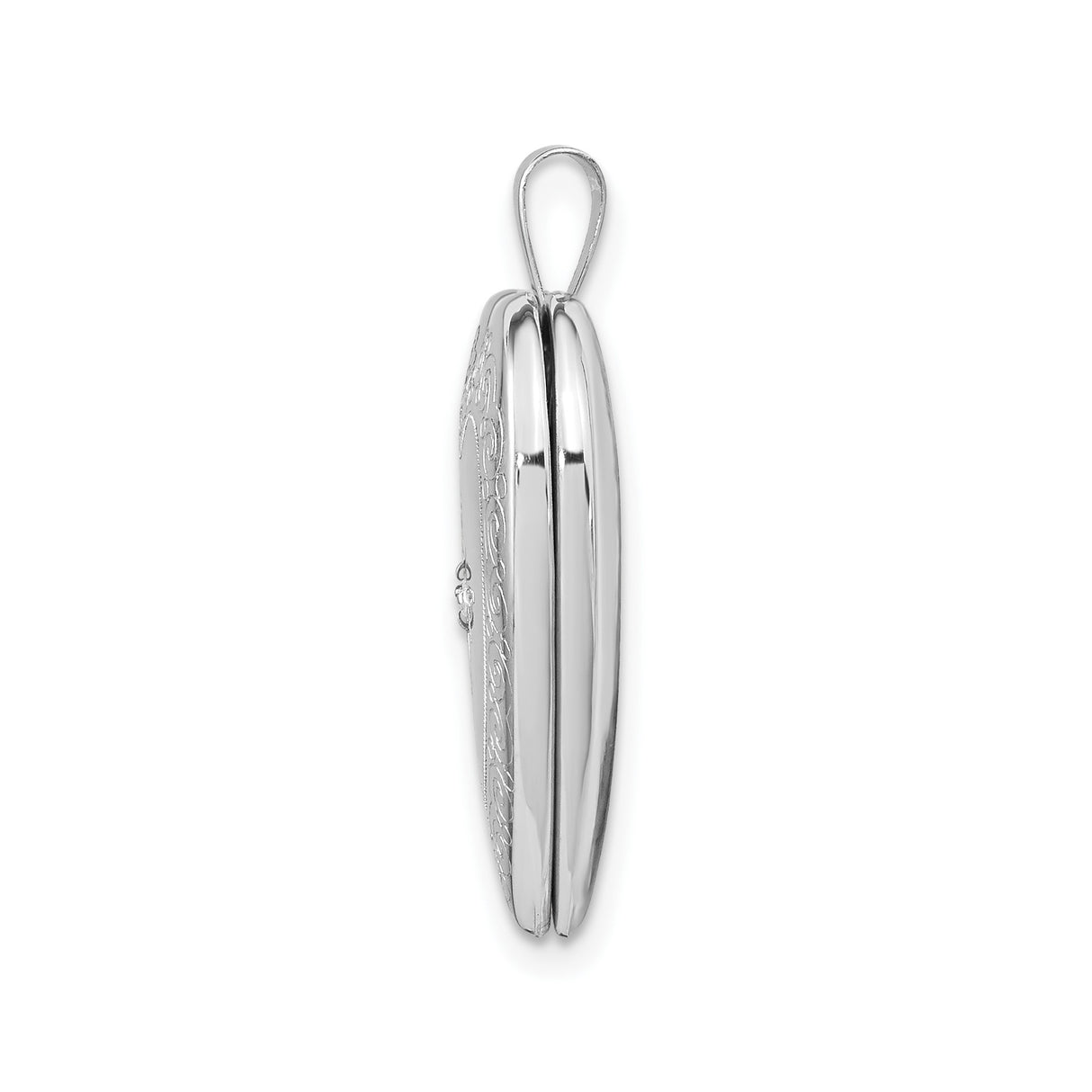 14k White Gold Heart Locket Pendant with Diamond Accent and Scroll Engraving