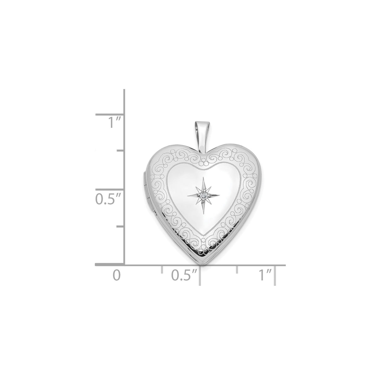 14k White Gold Heart Locket Pendant with Diamond Accent and Scroll Engraving