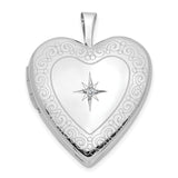 14k White Gold Heart Locket Pendant with Diamond Accent and Scroll Engraving