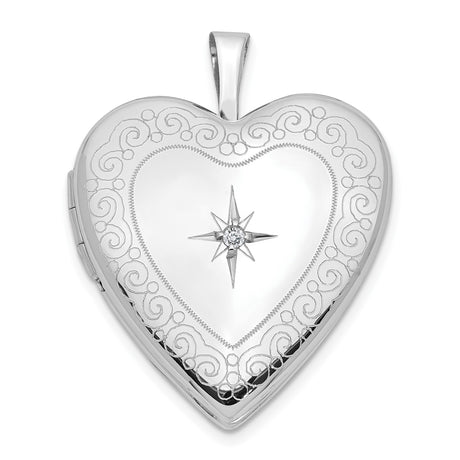 14k White Gold Heart Locket Pendant with Diamond Accent and Scroll Engraving