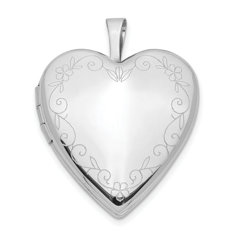 14k White Gold Heart Locket Pendant with Floral Engraving and Scrollwork for Women