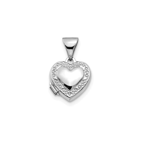 14k White Gold Heart Locket Pendant with Polished Center and Scroll Border Design