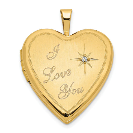 14k Yellow Gold Heart Locket Pendant with Diamond, I Love You Message, Starburst Detail