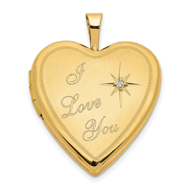 14k Yellow Gold Heart Locket Pendant with Diamond, I Love You Message, Starburst Detail
