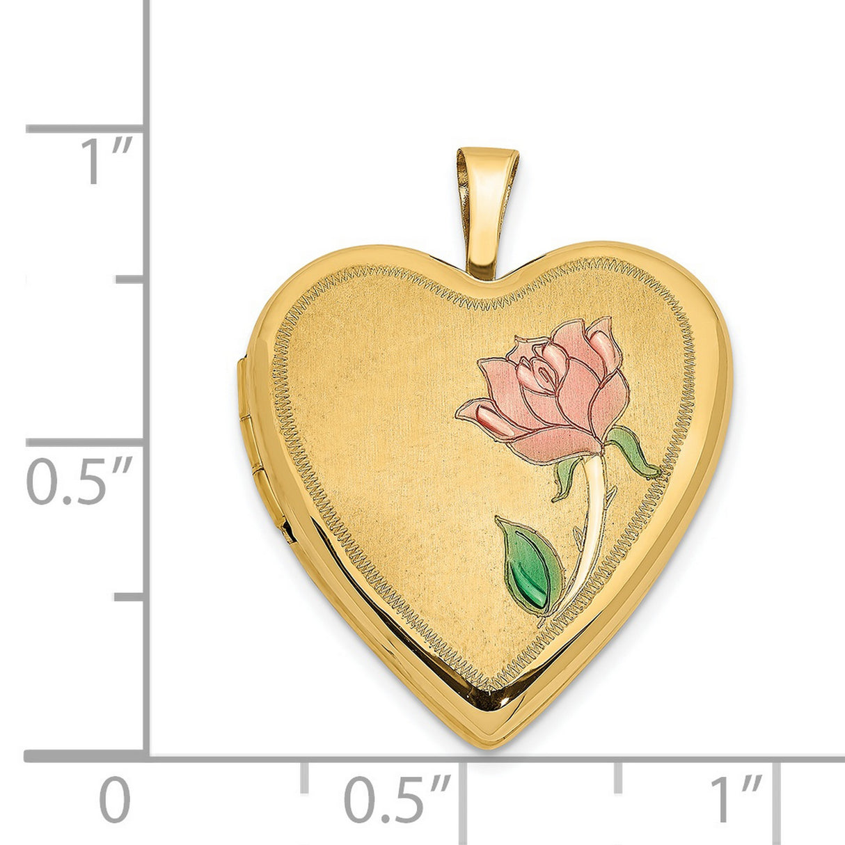 14k Yellow Gold Heart Locket Pendant with Pink Rose and Green Leaves, Floral Memory Jewelry