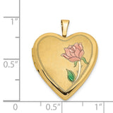14k Yellow Gold Heart Locket Pendant with Pink Rose and Green Leaves, Floral Memory Jewelry