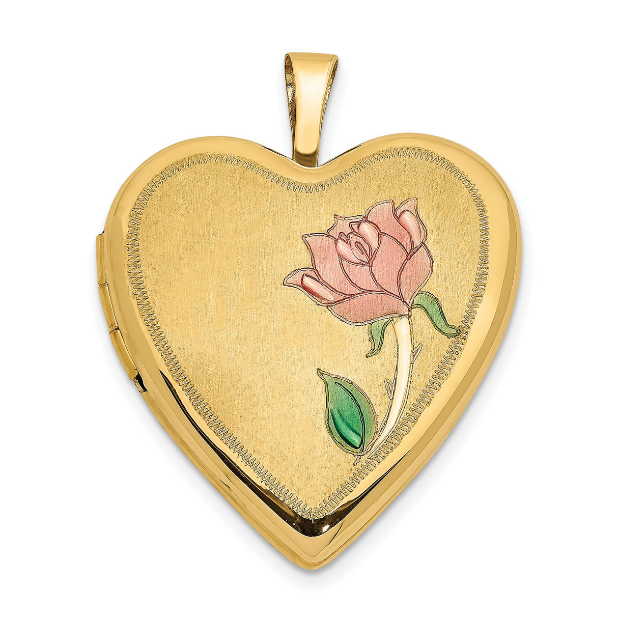 14k Yellow Gold Heart Locket Pendant with Pink Rose and Green Leaves, Floral Memory Jewelry