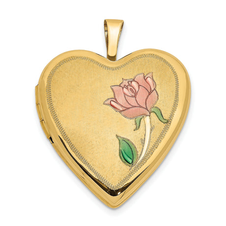 14k Yellow Gold Heart Locket Pendant with Pink Rose and Green Leaves, Floral Memory Jewelry