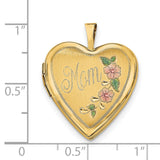14k Yellow Gold Heart Locket Pendant with Mom Engraving and Floral Accents